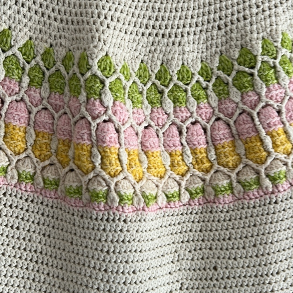 Cream Multi Color Crochet Cotton Crew Neck Sweater Women's Size LG - Picture 4 of 11